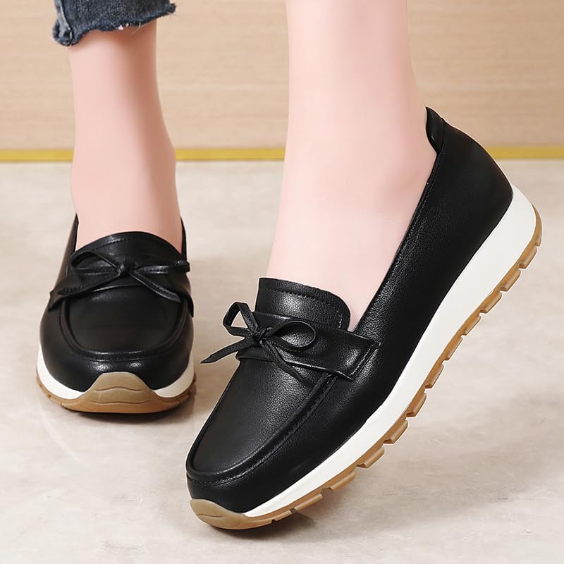 Women's Black Bowknot Decor Loafers, Leather-Like Comfortable Slip-On Platform Casual Shoes for Daily Wear & Work