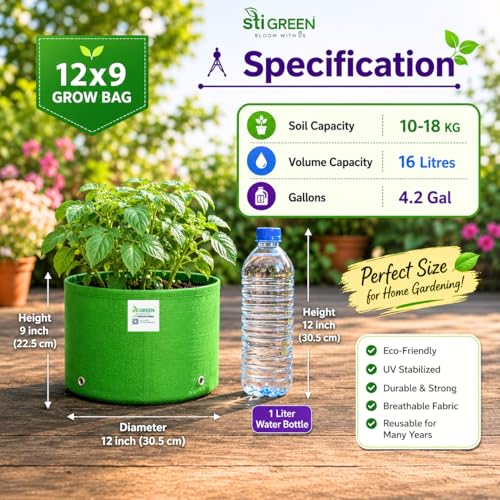 Image of HDPE Grow Bags for Plants 12X9 Inch (Pack of 1) | 260 GSM Heavy Duty UV-Protected Round Green Colour Plant Bags for Terrace and Vegetable Gardening | Strong & Reusable|