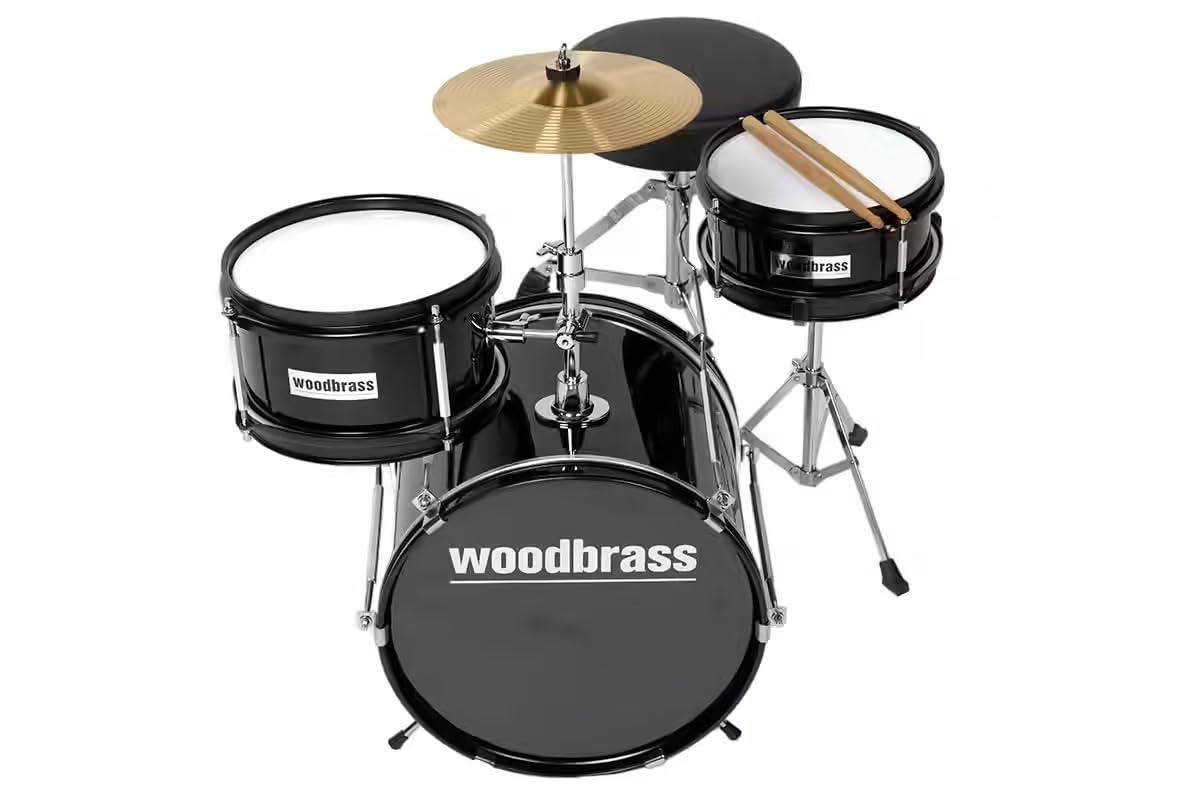 Woodbrass DSJ90B - Batteria per bambini completa 3+ anni, mini kit batteria acustica Junior con sedile, pedale, piatto 8", Tom e cassa chiara, batteria per bambini principianti, colore: nero