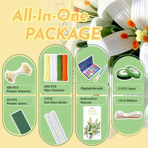 Image of 500 Pcs Pipe Cleaners Craft Bulk,4 Assorted Colors Chenille Stems for DIY Flower Making Kit with Floral Wire, Gardening Tape, Stamen & Ribbon, Pipe Cleaners Flowers, Arts and Craft Supplies for Kids