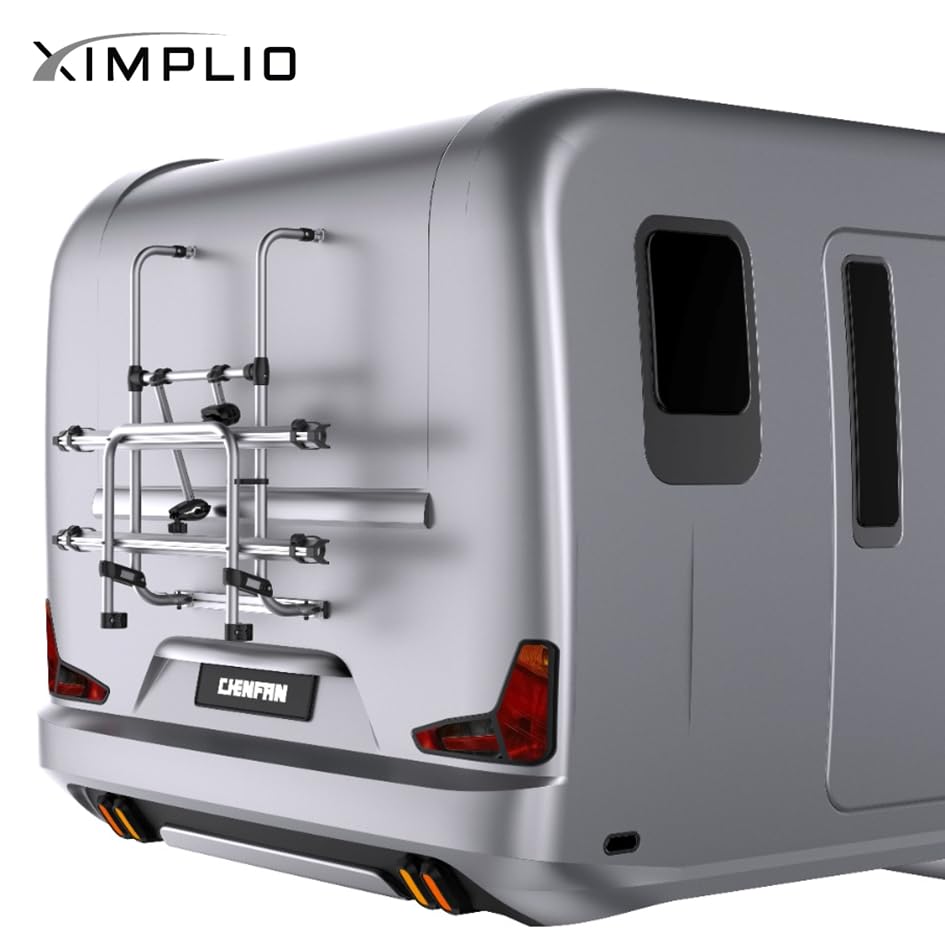 XIMPLIO Wallrider Portabici per Camper e Caravan, Alluminio Anodizzato, per 2 Biciclette ed E-Bike, Carico Massimo 50 kg, Pieghevole con Antifurto Integrato