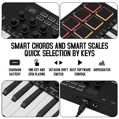 Image of M-Wave 25 Key USB MIDI Keyboard Controller With 8 Backlit Drum Pads, Bluetooth Semi Weighted Professional dynamic keybed 8 Knobs and Music Production,Software Included (classics) K5