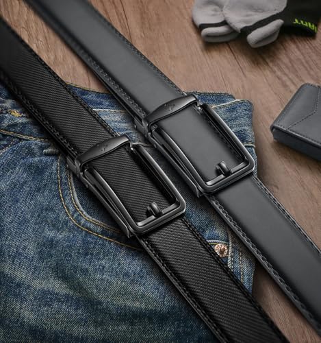 Image of BULLIANT Men Ratchet Belt 2 Pack, Click Sliding Leather Belt Adjustable for Gift Men Dress Casual Jeans 1 3 /8,Cut for Fit