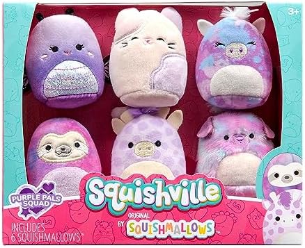 Squishville SQM0475 zestaw 6 sztuk fioletowych figurek, super miękkie mini squishmallows, 5 cm pluszowe figurki