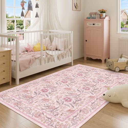 DUKINO 4x6 Area Rug, Washable Vintage Floral Rug for Living Room, Pink by DUKINO - Used condition - Image 2