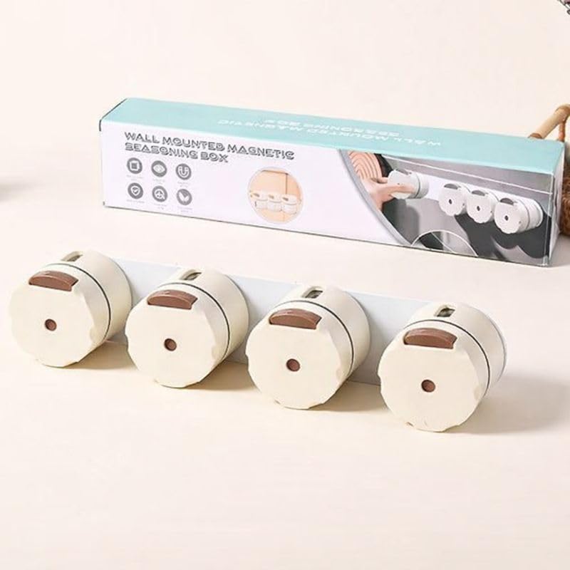 Image of Wall-Mounted Magnetic Spice Rack, Rotating Containers, White, ABS Material, Minimalist Modern Style, Space-Saving Kitchen Organizer (4)
