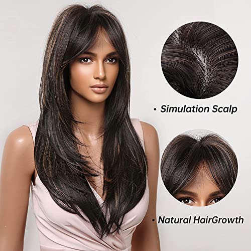 Image of Women's Full Head Wig - Shoulder Straight Length Highlight Black Layered Synthetic Hair Extension for Women and Girls Medium