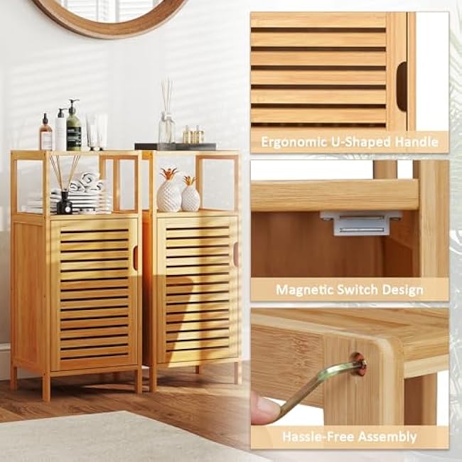 Kinfant Bamboo Bathroom Floor Cabinet Furniture Set of 2 - Free-Standing Storage Cabinet with Single Door and Shelf