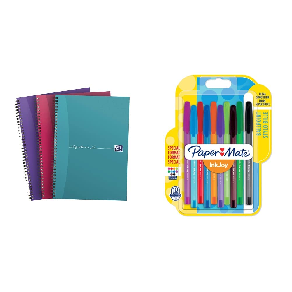 Oxford My Notes A4 Card Cover Wirebound Notebook, Pack of 3 & Paper Mate InkJoy 100ST Capped Ballpoint Pens | Medium Point (1.0mm) | Fun Colours | 10 Count