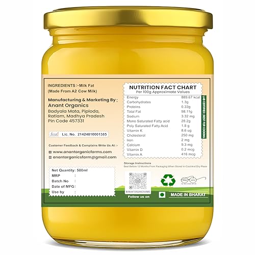 Image of Anant Organics A2 Desi Cow Ghee | Vedic Bilona Method 100% Pure & Natural Ghee Glass Bottle 500ml