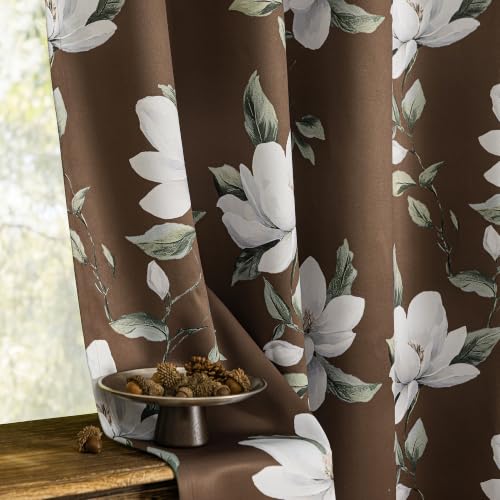 Image of MYSKY HOME Floral 95% Blackout Curtains 90 Inch Long 2 Panels Set for Kitchen White Flower Printed Thermal Insulated Light Blocking Black Out Grommet Window Treatments, 52 inch W Each Panel, Brown
