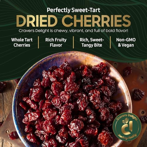 Cravers Delight Sweetened Dried Cherries – 16 oz of Tart Cherry Pitted Dried Fruit, Low Added Sugar – Great for Baking, Mixing & Toppings – Non-GMO Gluten Free Healthy Vegan Snack for Kids and Adults