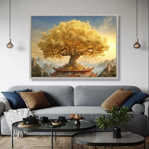 Peinture symbole de richesse arbre à argent doré décoration murale asiatique en toile