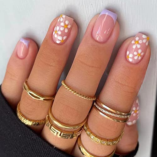 Square Short Press-on Acrylic False Nails - Floral Designs, Full Cover Glue-on, Glossy Artificial Nails - Purple French Manicure, 24 Pcs