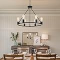 Senyshilon Black Chandelier, 6-Light Dining Room Light Fixture, Round Farmhouse Wagon Wheel Chandeliers for Dining Room Living Room Entryway Kitchen Island Dia 24"