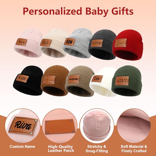 Custom Toddler Baby Beanies, Mama Mini Matching Hats, Leather Patch Baby Knit Hats, Winter Beanies for Infant, Kids Adults4