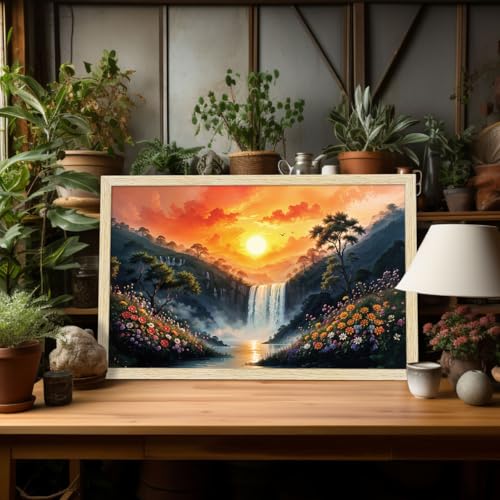 Image of ArtX Canvas Rising Sun Painting For Vastu, Big Size Wall Art, Water Stream, Waterfall Painting Vastu, Rising Sun Wall Decor, Multicolor, Nature, 91.0 X 61.0 cm, Set of 1