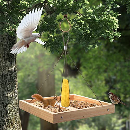 Wooden Platform Bird Feeder,Bird Feeding Table,Wild Bird Feeder For Outside, Squirrel Feeder,Hanging Metal Tray Mesh Bottom For Yard Garden - Natural #TOP1
