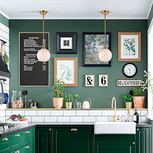 Daycent Modern Farmhouse Brass Gold Pendant Light Kitchen Island Opal Milk Glass Globe Pendant Light Rod-Hung, Sloped Ceiling Compatible, 1-Light #TOP3