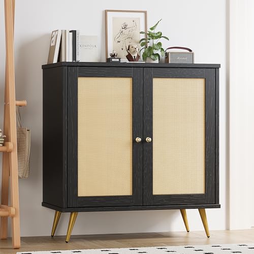 Image of Shintenchi Rattan Buffet Cabinet with Storage, Sideboard Buffet Cabinet with Rattan Decor Doors, Modern Wood Cupboard for Kitchen Living Room Dining Room Hallway Entry,Black