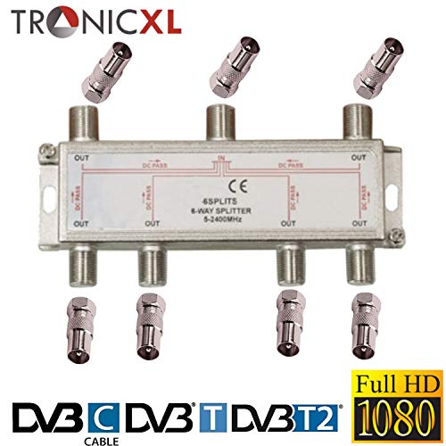 TronicXL - Distributore BK a 6 vie, cavo adattatore premium per antenna TV via cavo DVBC, ad esempio per Unitymedia Splitter Unicable 6 ingressi HD 4K HDTV DC passaggio FM radio satellitare