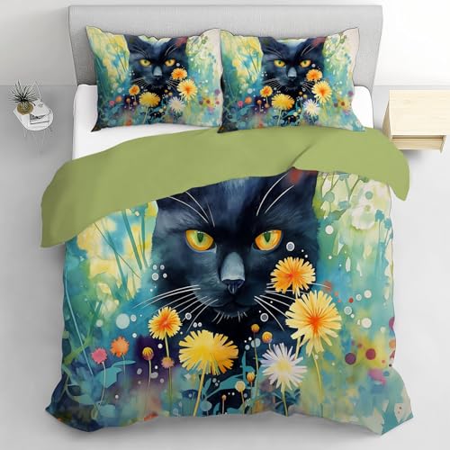 Ropa De Cama Flores De 240X260Cm - Transpirable con Cremallera, Gato 3 Piezas, Funda Nórdica De 2 Fundas De Almohada De 50 X 75 Cm