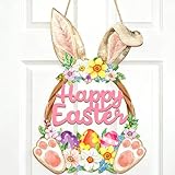 YJHAT Wooden Easter Hollow Bunny Door Wreath Hanging Sign, Rabbit Flower Egg Welcome Decor for Spring Front Door & Wall Home Indoor Outdoor Party Decoration