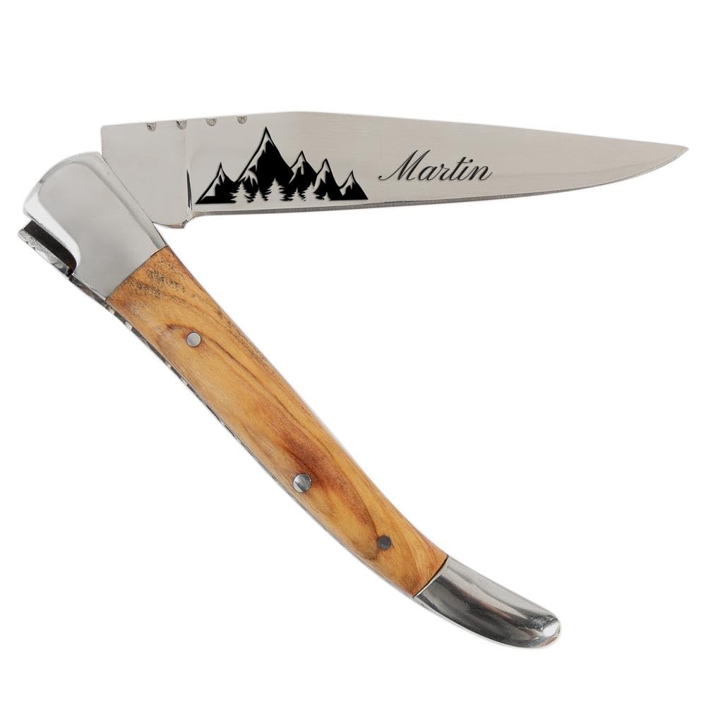 Ocadeau Couteau de poche avec manche en Olivier personnalisé gravé – Couteau pliant avec gravure texte sur la lame – Couteau personnalisé & Idée cadeau homme personnalisé