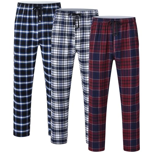 Men's 3-Pack Comfortable Pajama Pants, Cotton Blend Flannel Plaid Sleep and Lounge Bottoms with Pockets