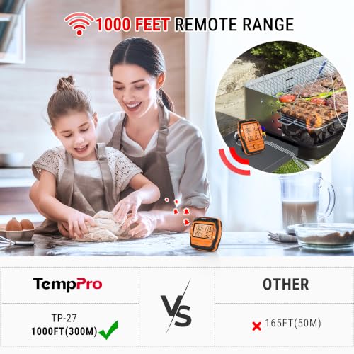 Image of TempPro TempSync 1000FT Wireless Meat Thermometer for Grill with 4 Probes | RF Technology, Alarms, Large Digital Backlit Display, Stainless Steel Probe, Smoker, BBQ, Grill Cooking Gift