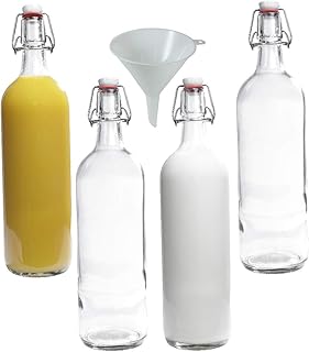 mikken Viva-Haushaltswaren - 4 Glasflaschen mit Bügelverschluss 1L zum Selbstbefüllen inkl. Einfülltrichter Ø 12 cm