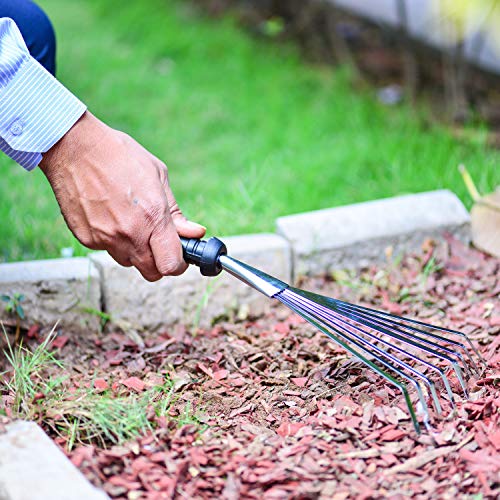 Sharpex Heavy Duty Steel Gardening Hand Rake Soil Tiller | Tooth Rake Garden Tool with Ergonomic Handle | Great for Lawn Leaf Clean up, Cultivating, Loosening Soil & Spreading Mulch (Silver)