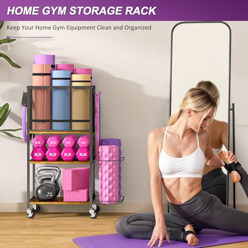 3 Tier Dumbbell Rack, Yoga Mat Storage Holder, Home Gym Storage Rack, Workout Equipment Storage Organizer, Weight Storage Holder Rack with Hooks and Wheels by 3IngSeagulls - Image 3