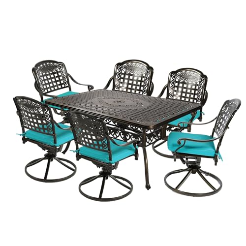 Image of MEETWARM 7-Piece Outdoor Patio Dining Set, All-Weather Cast Aluminum Patio Conversation Set with 6 Cushioned Swivel Rocker Chairs for Backyard Garden Deck, 1 Rectangular Table, Ocean Blue
