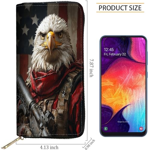 Image of RFID Blocking Leather Wallet for Women - Large Capacity Zip Around Clutch with 8 Card Slots,10 Cash Pockets & Coin Zipper,Bald Eagle Warrior