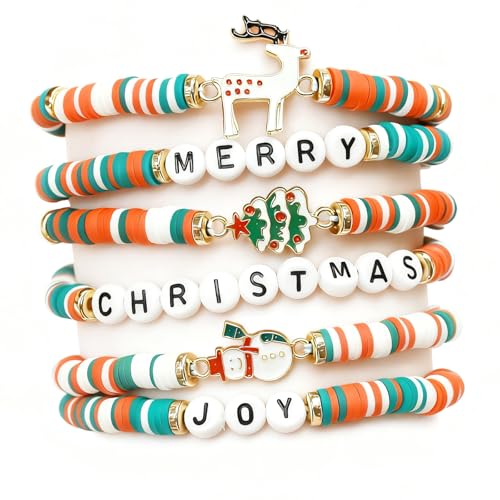 OSHPPKEL Christmas Gifts Girl Bracelets 6 Pack Polymer Clay Jewelry Merry Christmas Gifts for Women Teens Girl Gifts