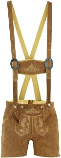 TRENDS Men’s Traditional German Lederhosen – Bavarian Oktoberfest Costume Shorts w/Suspenders – Suede Leather, Knife Pocket