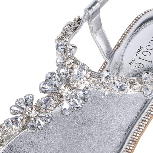 SheSole Women's Sparkly Rhinestone T-Strap Silver Flat Sandals Dressy Thong Beach Wedding Shoes4