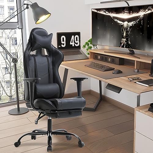 BestOffice | Ergonomic Gaming Chair | Black | Reclining Computer Chair with Lumbar Support, Headrest Pillow, Adjustable Footrests | 360 Swivel with Heavy Duty Wheels | for Home & Office