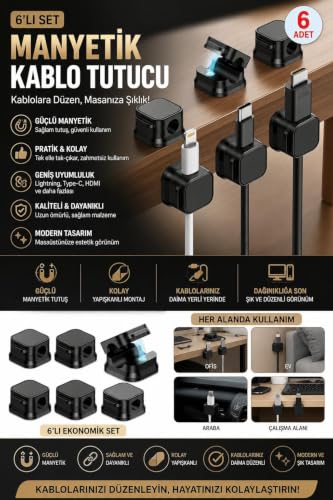 6'lı Manyetik Kablo Tutucu Seti - Yapışkanlı Kablo Düzenleyici Organizer, USB, Type-C, Lightning, HDMI Uyumlu Masa Kablo Sabitleyici