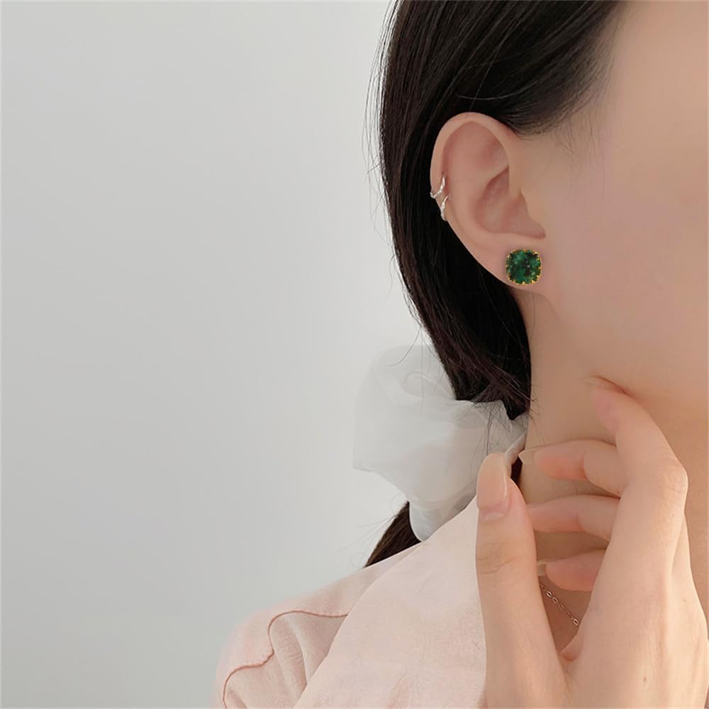 Emerald Square Stud Earrings for Women Geometric Stainless Steel Pierced Ear Earrings Green Cubic Zirconia Studs Statement Earrings Jewelry - Image 2