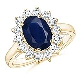 Princess Diana Inspired Blue Sapphire Ring with Diamond Halo in 14K Yellow Gold (9x7mm Blue...