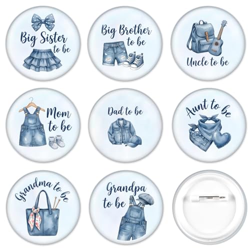 Cheerupp Blue Jean Baby Shower Pins Set of 8, Denim Party Decor for Family, Badge Button for Mom Dad Uncle Aunt Grandpa Grandma Big Sister Brother, Jean Clothes Theme Gender Reveal Party Supplies by Cheerupp - Used condition - US$6.92