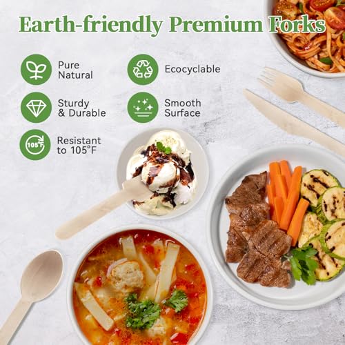 ECOLipak 300 Count Wooden Forks Disposable, Wooden Disposable Compostable Forks for Eating, Party, Camping, Traveling, Family Dinners - Thumbnail 6