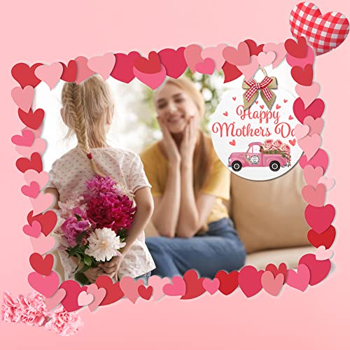 Happy Mother's Day Welcome Sign Wreath, Round Wooden Hanging Door Sign Carnation Pattern Red Heart Decor With Ribbon Bow For Mother's Day Front Door Wall Rustic Farmhouse Porch Decorations, 12 Inch #TOP3