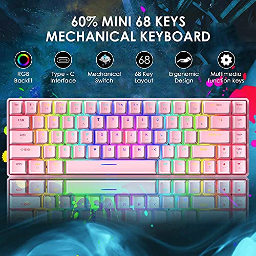 Image of 60% Wired Gaming Keyboard, RGB Backlit Ultra-Compact Mechanical Keyboard, Blue Switch Waterproof Compact 68 Keys Keyboard for Typist Laptop PC Mac Gamer(Pink)