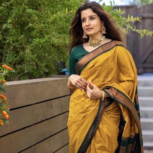 Image of DHIHA Gadwal Cotton Saree for Women | Pure Kalyani Cotton Saree with Zari Border Tassels & Blouse | Kanjivaram Linen Silk | Handloom Weave
