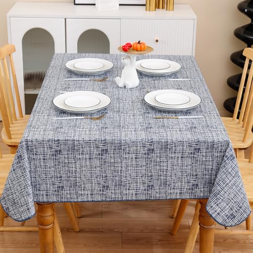 Image of Heavy Duty Vinyl Tablecloth with Flannel Backing Waterproof Oil-Proof Plastic Table Cloth Stain-Resistant Wipeable Rectangle or Square Table Cover for Indoor and Outdoor (Blue Striped,54x54 Inch)
