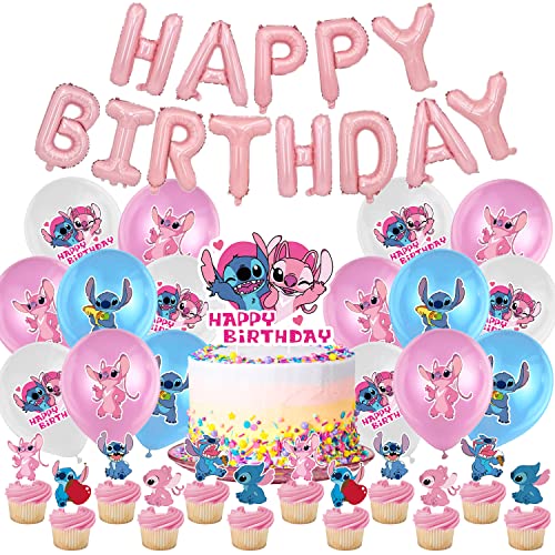 Fiesta Temática de Lilo y Stitch, Decoración Cumpleaños Lilo y Stitch 44 Piezas, Globos Cumpleaños, Cupcake Topper, Pancarta Feliz Cumpleaños, Decoración Tarta, Fiesta de Cumpleaños para Niños Cover