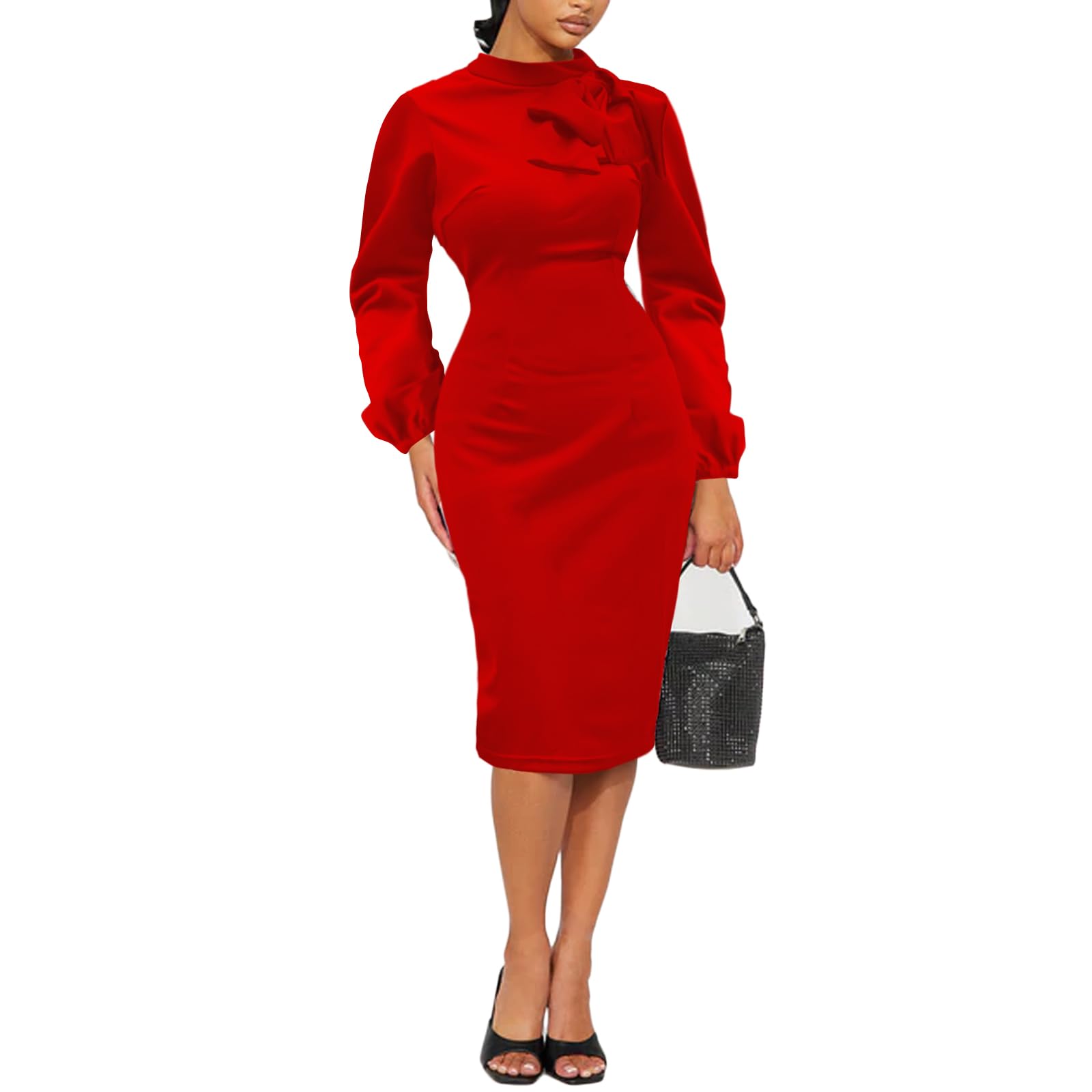 Womens Church Dress Bishop Sleeve Bow Knot Work Casual Elegant Cocktail Party Pencil Midi Dresses